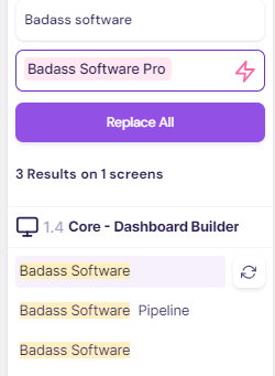 Screenshot showing an existing variable selected in Find and Replace.
