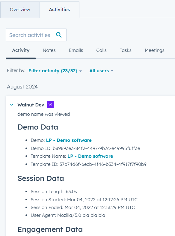 HubSpot contact record with Walnut properties visible