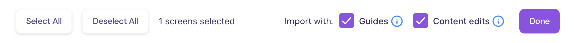 Screenshot showing import options for including or excluding existing guides and edits in Walnut.