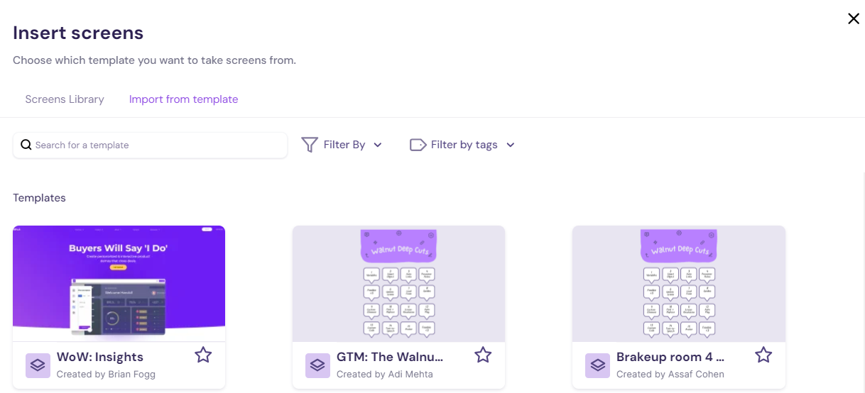 Screenshot showing the import screens from template flow in Walnut.