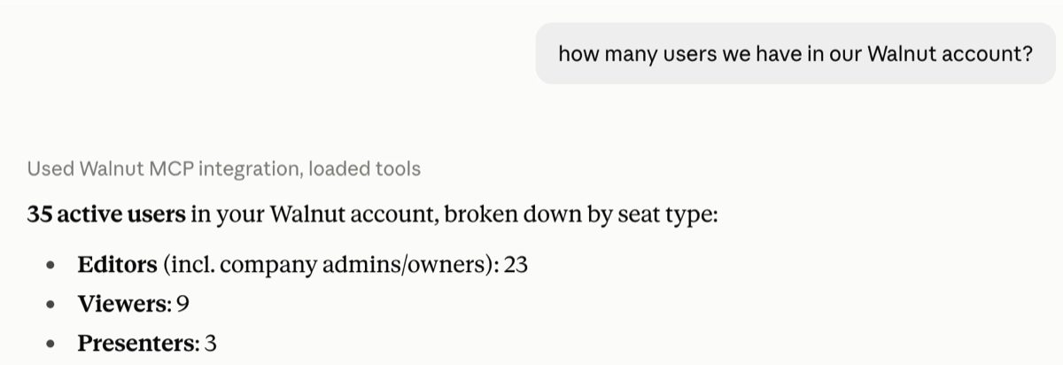Claude answering how many users are in the Walnut account, using the Walnut MCP