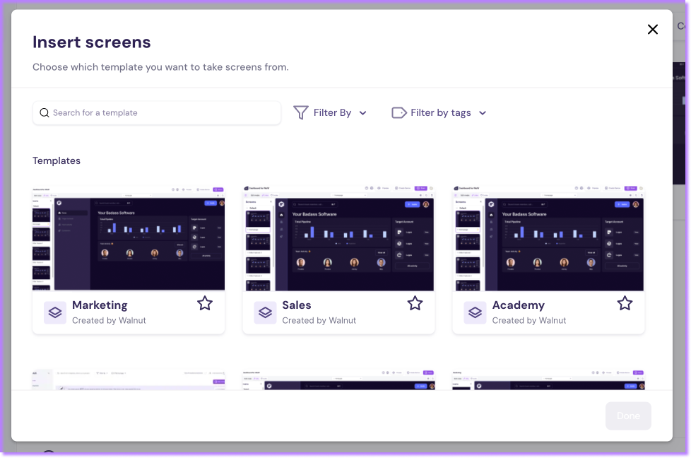 Screenshot showing the template selection step when importing screens in Walnut.
