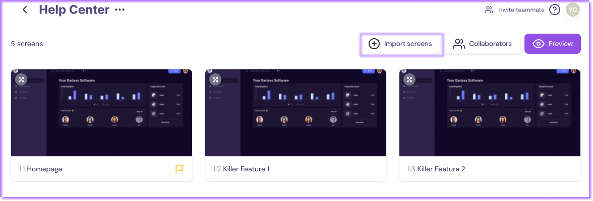 Screenshot showing the Import Screens button on the Walnut template overview page.