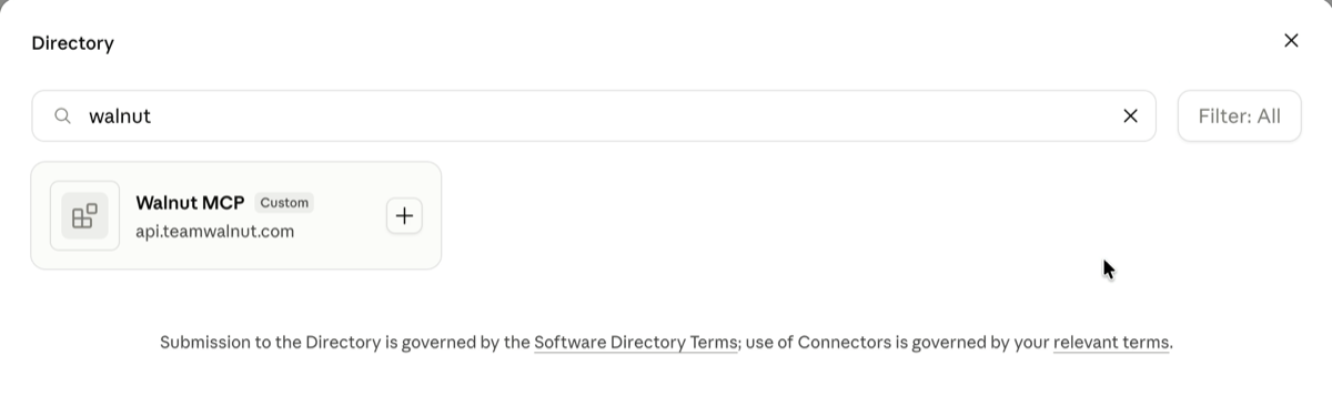 The Claude connector Directory with Walnut MCP in the search results