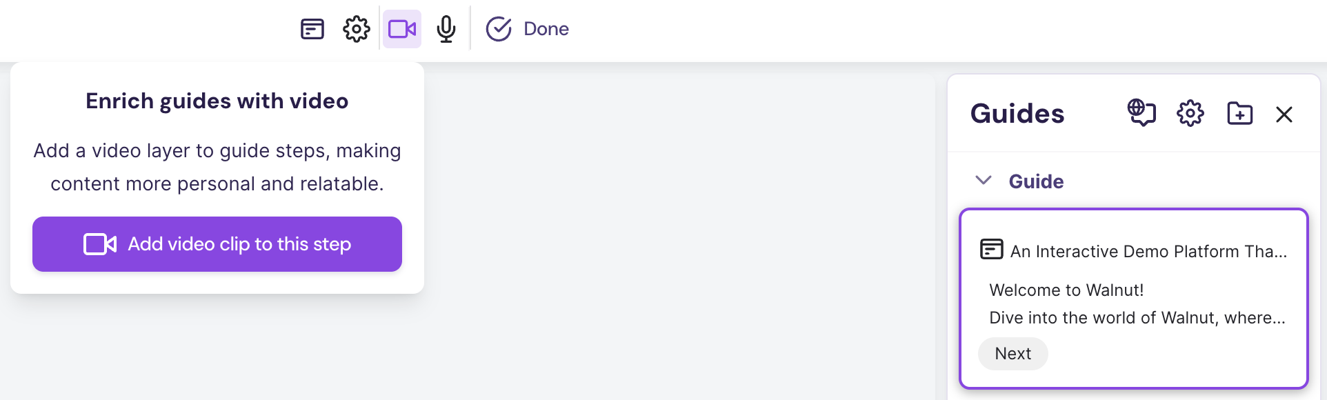 Step editor toolbar with Add Video Clip to This Step option highlighted