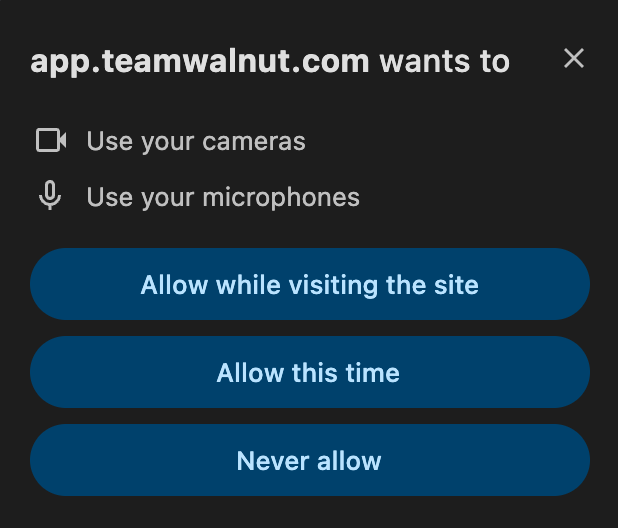 Browser permission pop-up requesting access to camera and microphone