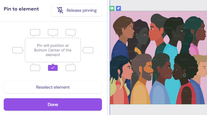 Screenshot showing the element pinning interface in Walnut.