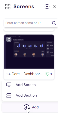 Screenshot showing the Add button in the screens pane of the Walnut editor.