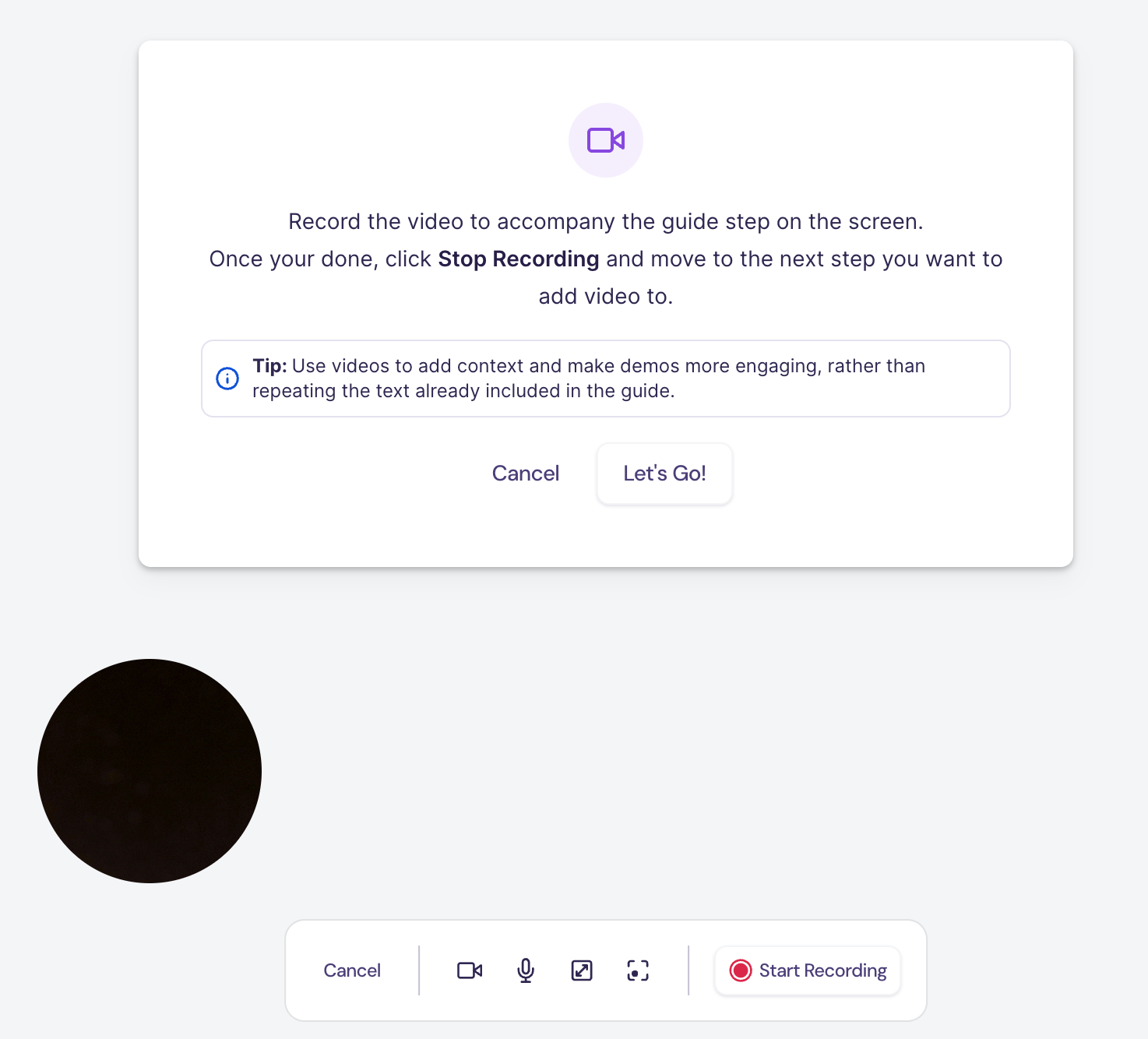 Video bubble preview and recording toolbar displayed in the Walnut Editor