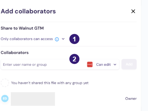 Screenshot showing the collaborator access setup panel in Walnut.
