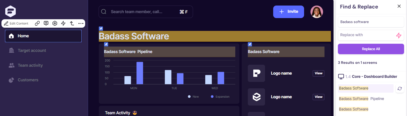 Screenshot showing the Find and Replace pane in the Walnut editor.