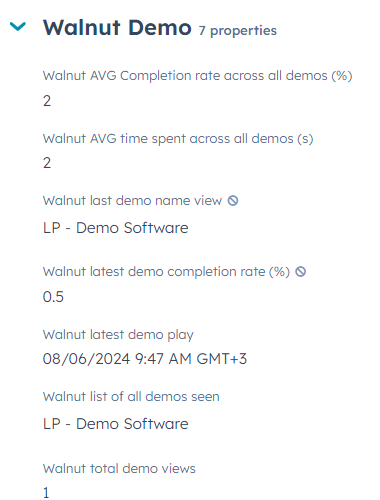 HubSpot view all properties screen showing Walnut properties