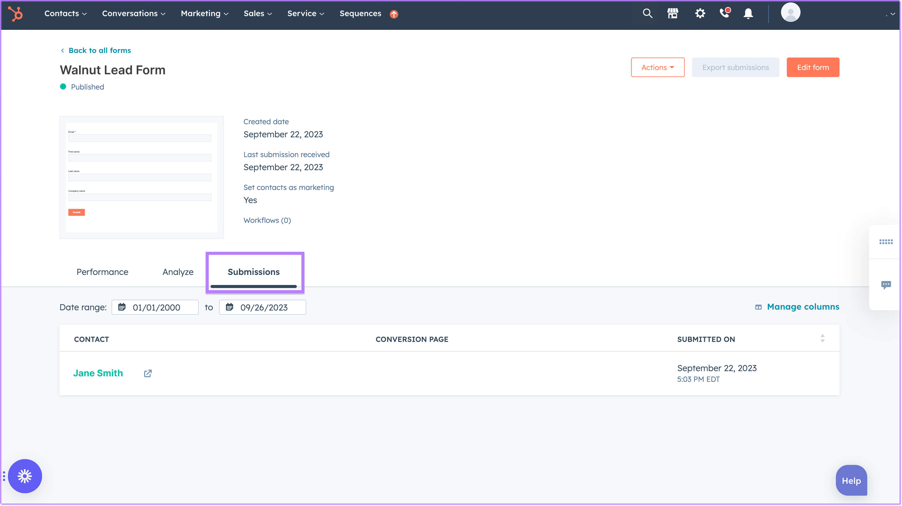 HubSpot forms Submissions tab where contacts can be accessed.