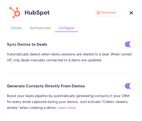 HubSpot configuration screen showing Generate Contacts Directly From Demos toggle
