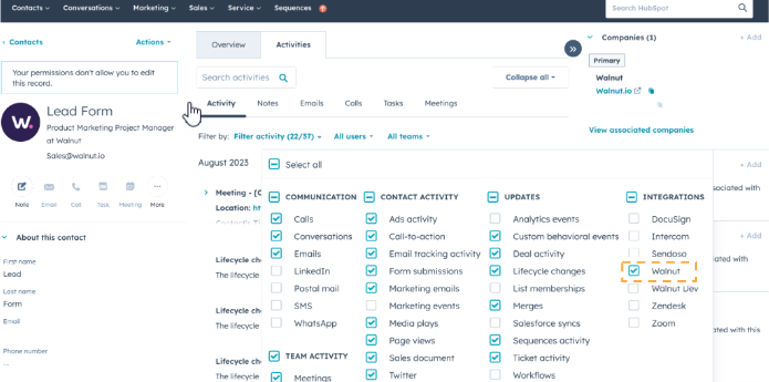 HubSpot Activities integrations filter with Walnut checkbox enabled