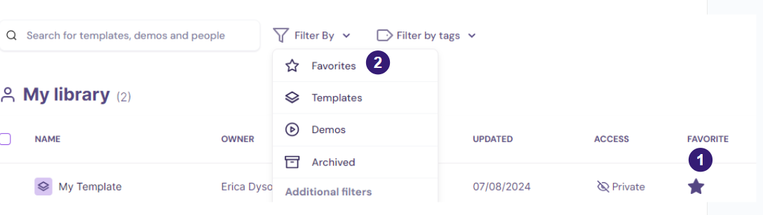 Screenshot showing favorite templates filtering in Walnut.