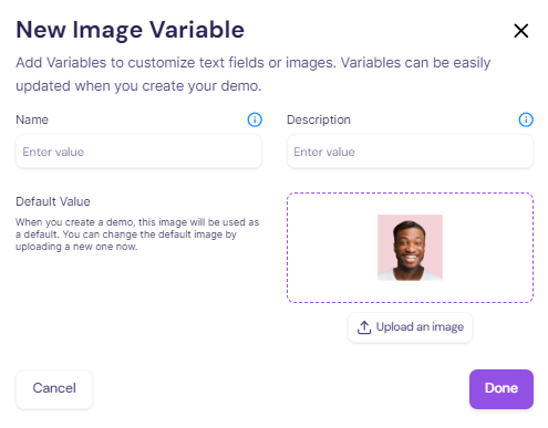 Screenshot showing how to create a new image variable in Walnut.