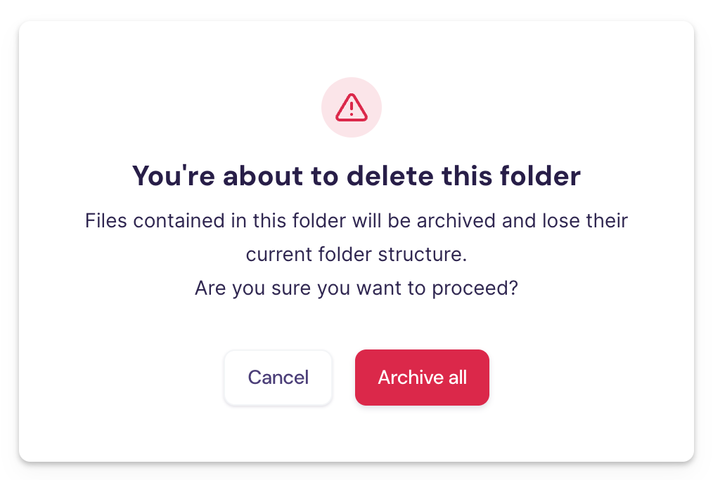 Confirmation dialog warning that deleting a folder will archive its files and asking the user to confirm.