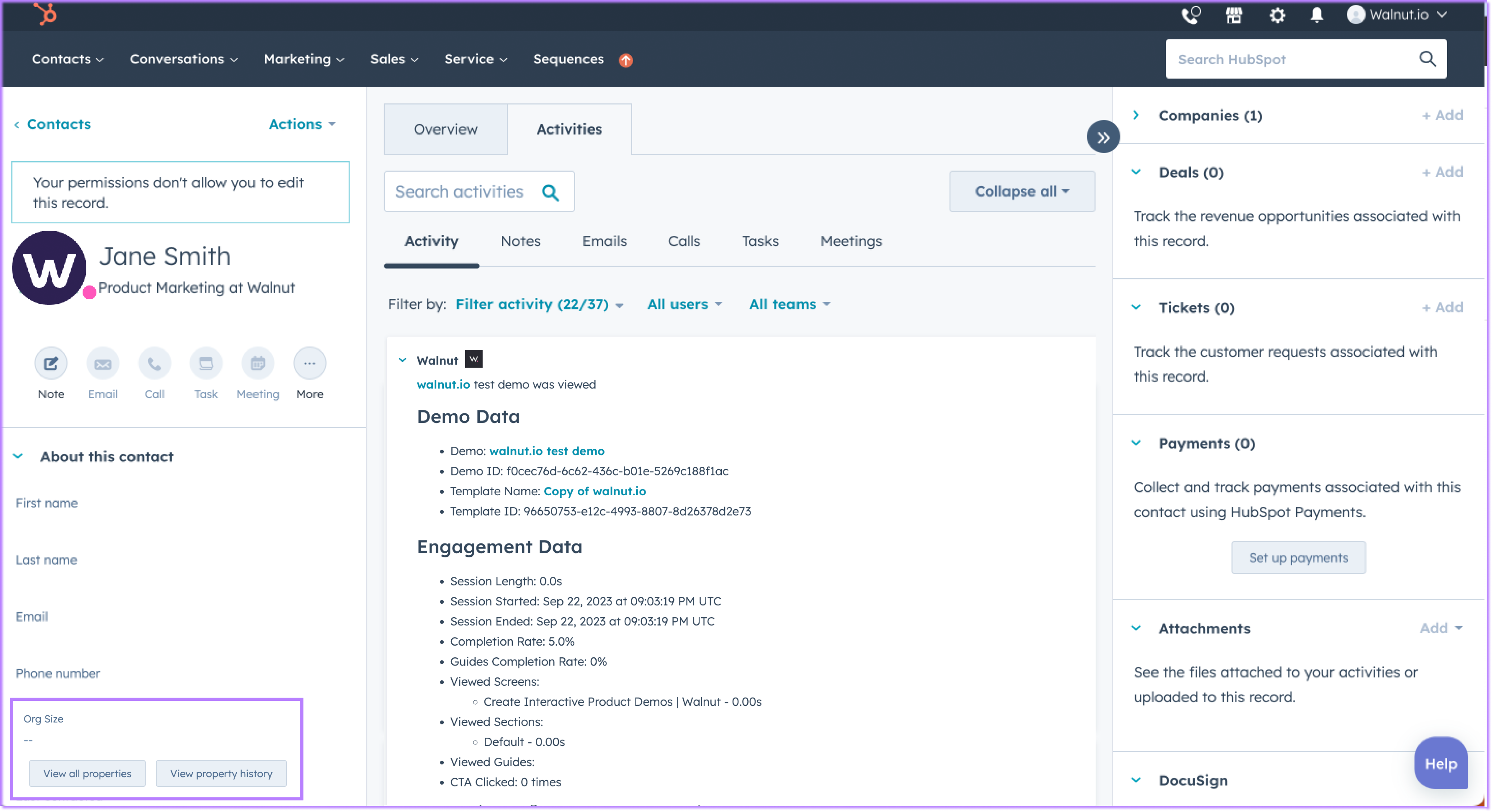 HubSpot contact record showing the View all properties link.