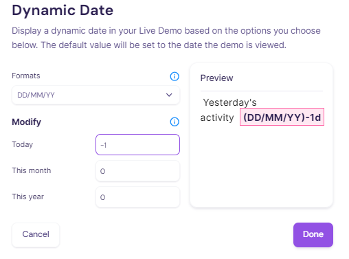 Screenshot showing dynamic date formatting and offset options in Walnut.