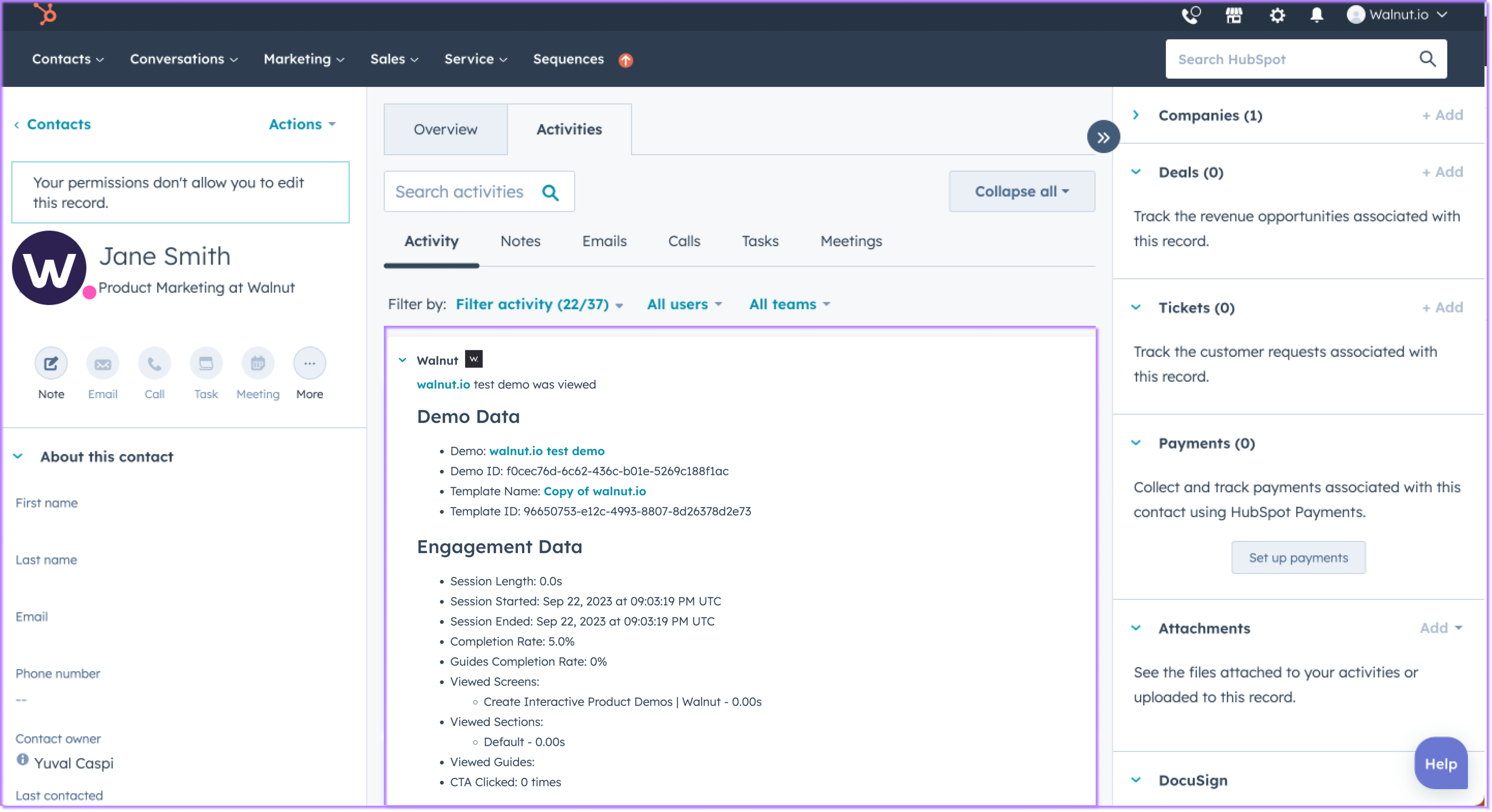 HubSpot contact timeline showing a Walnut activity section.