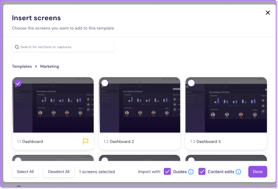 Screenshot showing selected screens and import options in Walnut.