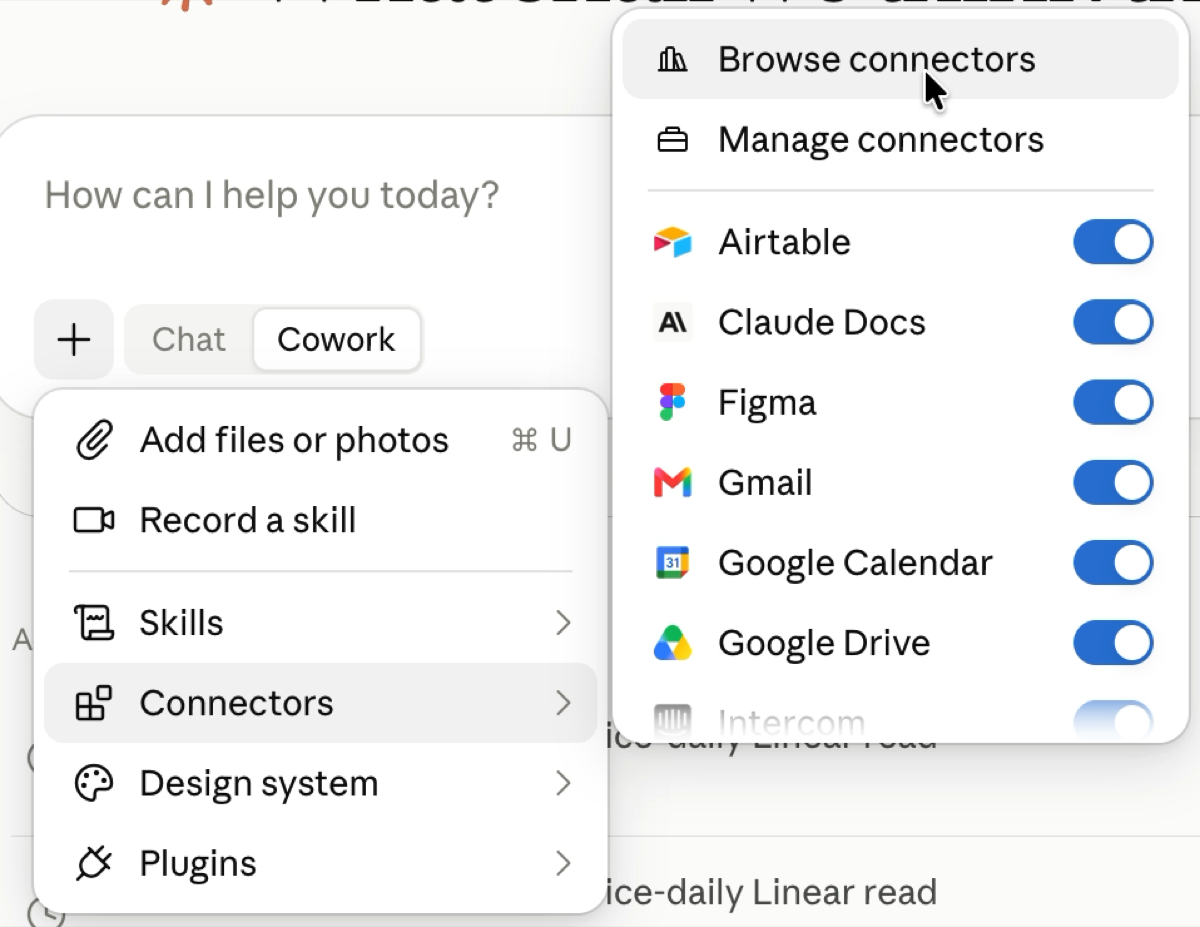 The + menu in Claude, with Connectors open and Browse connectors highlighted