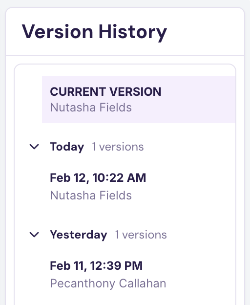Version History panel showing Current Version and grouped days