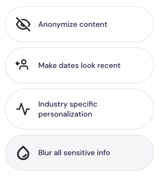 Options to personalize and edit demo content. Visible actions include: Anonymize content, Make dates look recent, Industry specific personalization, and Blur all sensitive info.