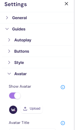 Screenshot showing avatar upload options for all guides in Walnut.
